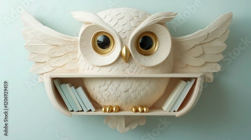 A charming owl bookshelf carved from pale ash wood, mounted against a soft pastel-colored wall. The  head features large, round eyes with golden accents. photo