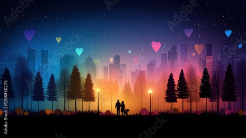 Romantic city silhouette with colorful lights.