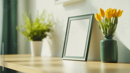 A serene indoor space featuring a blank picture frame, vibrant flowers, and lush green plants for a refreshing atmosphere. photo