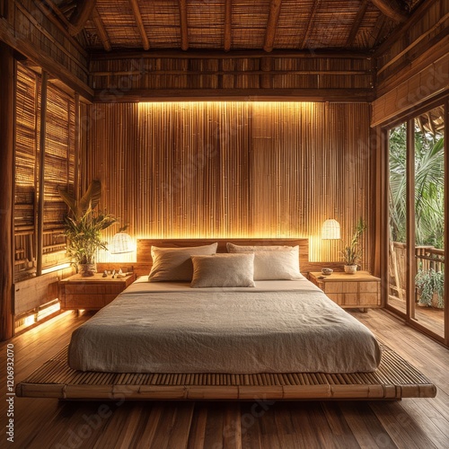 Serene Bamboo Bedroom Interior Design Featuring Wooden Accents