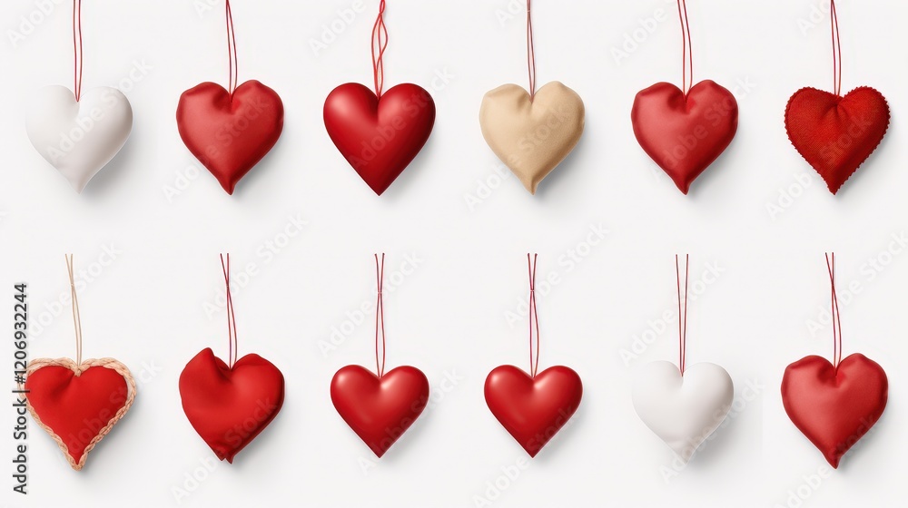 Set of Decorative Heart-Shaped Ornaments Hanging on Strings in Various Colors Against a Clean White Background for Festive Decor Set of Decorative Heart-Shaped Ornaments Hanging on Strings in Various Colors Against a Clean White Background for Festive Decor