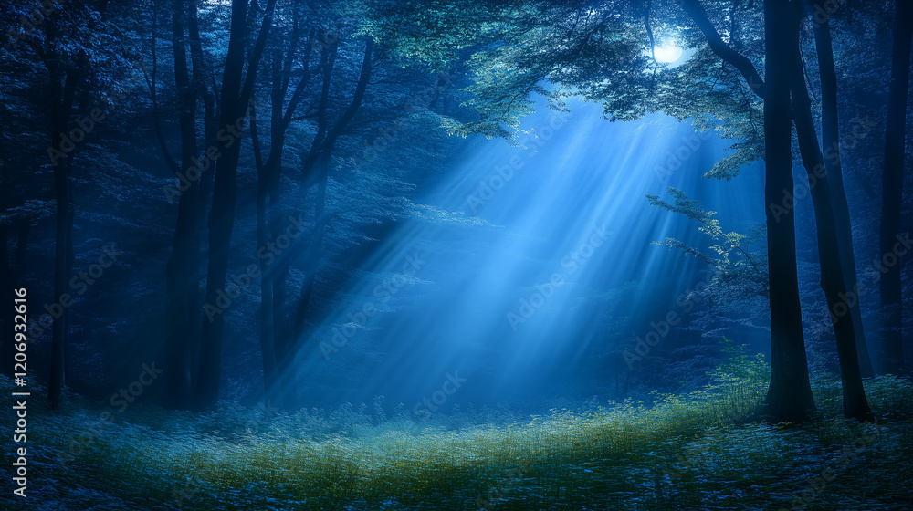 Obraz premium Mystical moonlight shining through a dark forest, magical aura creating an atmosphere of fantasy and mystery, perfect for those seeking adventure in the unknown world of nature 