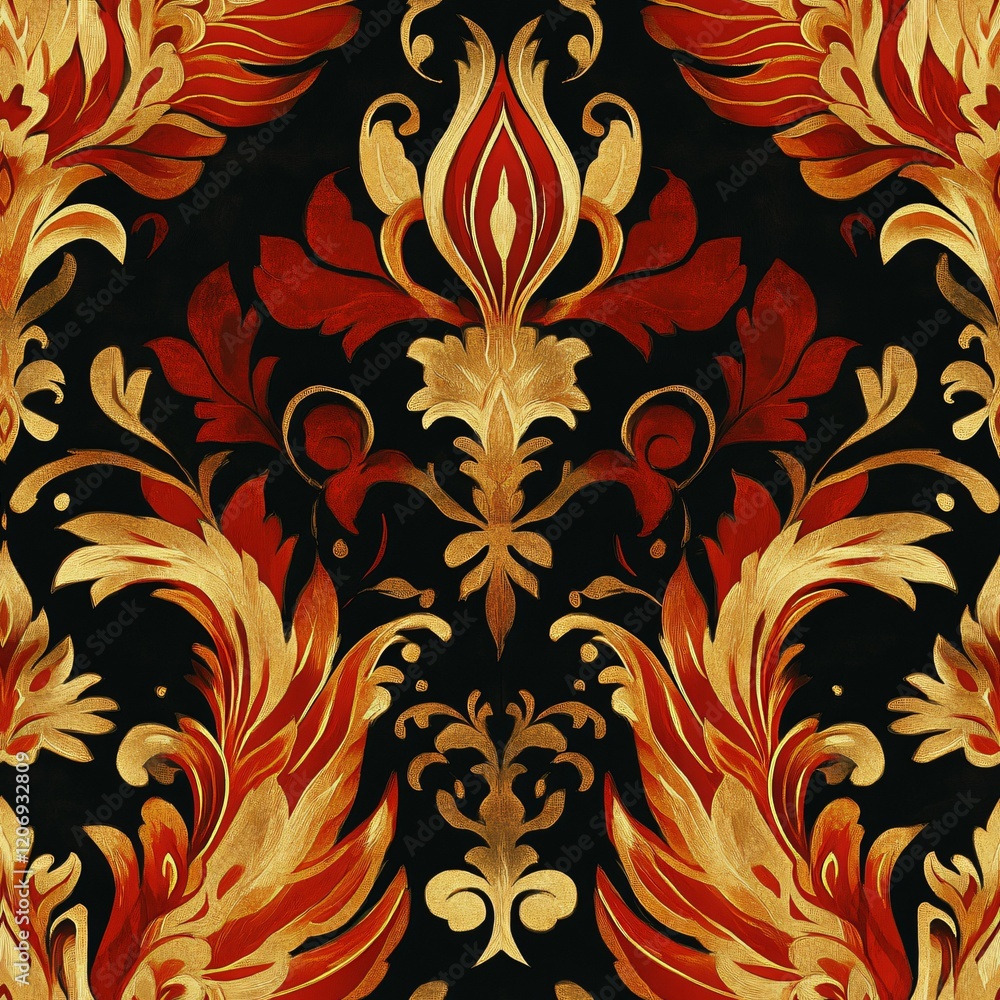 Elegant Floral Pattern with Rich Red and Gold Hues on a Deep Black Background for Luxurious Interior Design Elegant Floral Pattern with Rich Red and Gold Hues on a Deep Black Background for Luxurious Interior Design