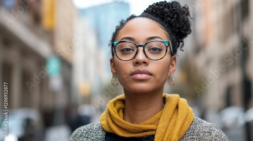Confident young African American woman in yellow scarf and glasses on city street. Perfect for representing modern education, urban lifestyle, and professional development.