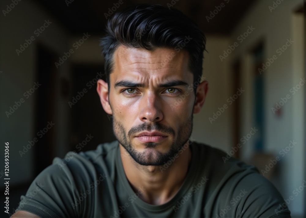 Serious young man with a strong jawline and intense gaze posing for a close-up portrait Serious young man with a strong jawline and intense gaze posing for a close-up portrait