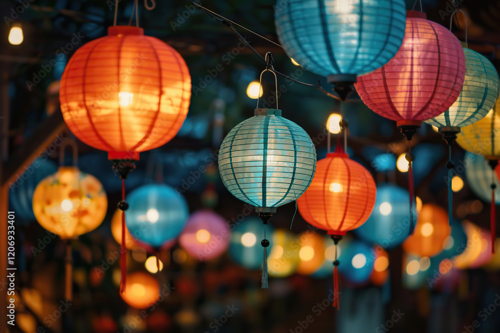 Obraz premium Beautiful holiday composition for happy celebrate chinese festival of lanterns, abstract vivid composition consists of fictional unreal fantastic vision on background