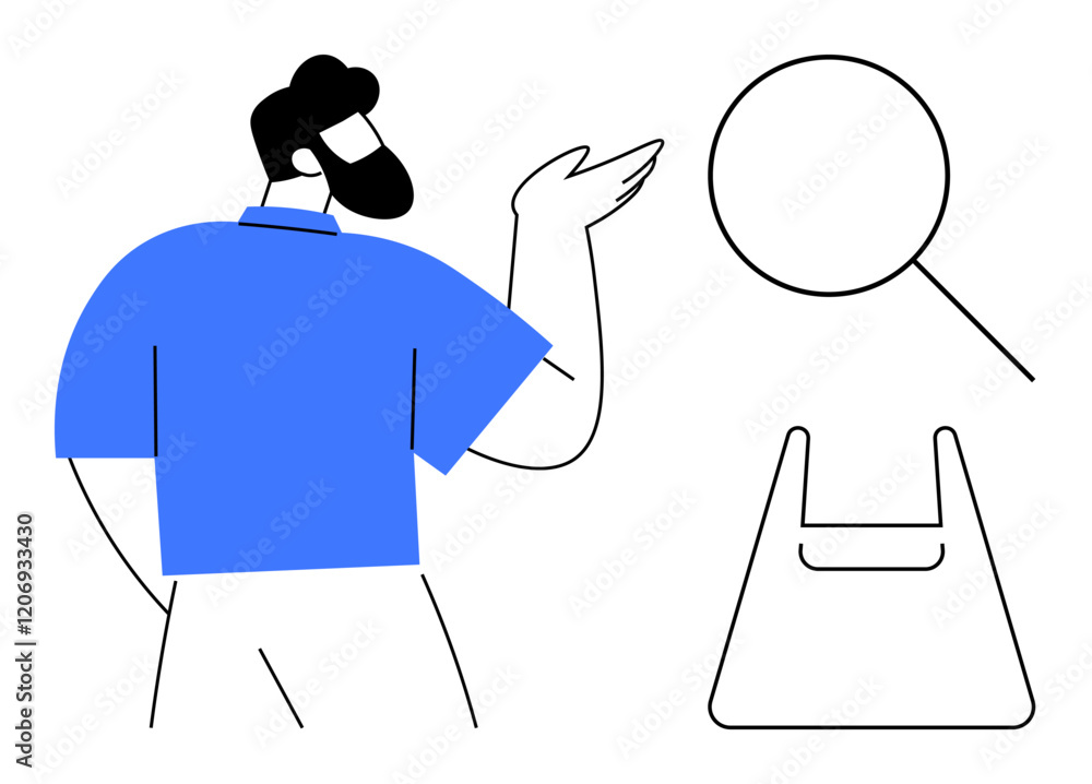 Male figure pointing, large magnifying glass, trapezoidal briefcase with handle, minimalist lines. Ideal for search, exploration, discovery, inquiry, business minimalism abstract line flat metaphor Male figure pointing, large magnifying glass, trapezoidal briefcase with handle, minimalist lines. Ideal for search, exploration, discovery, inquiry, business minimalism abstract line flat metaphor