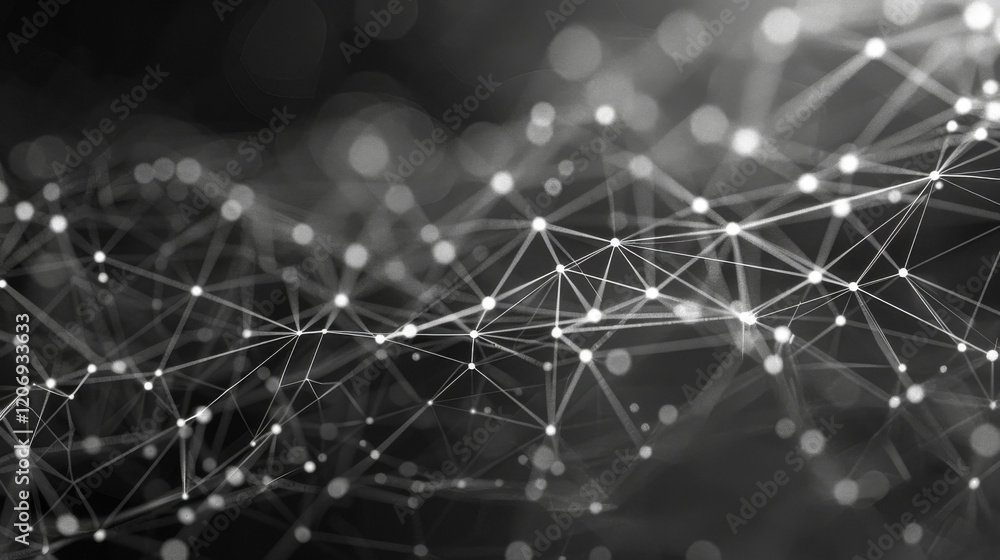 Obraz premium An abstract, glowing web of interconnected points and lines cascades across a dark backdrop, illustrating concepts of connectivity and network structures.