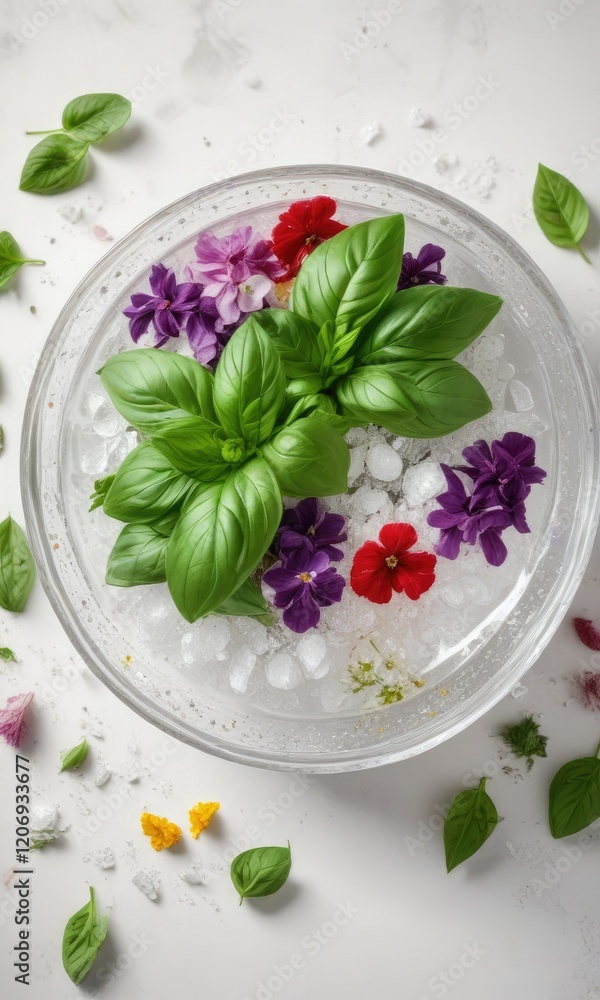 A bowl filled with fresh basil and decorated with crushed ice and edible flowers on a white background, floral arrangement, holiday decorations A bowl filled with fresh basil and decorated with crushed ice and edible flowers on a white background, floral arrangement, holiday decorations