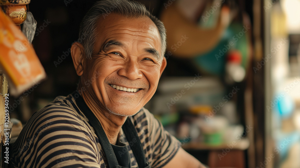 Middle age Chinese Asian immigrant person smiling in his retail shop starting new life after immigration. diversity equity inclusion and social justice concept Middle age Chinese Asian immigrant person smiling in his retail shop starting new life after immigration. diversity equity inclusion and social justice concept