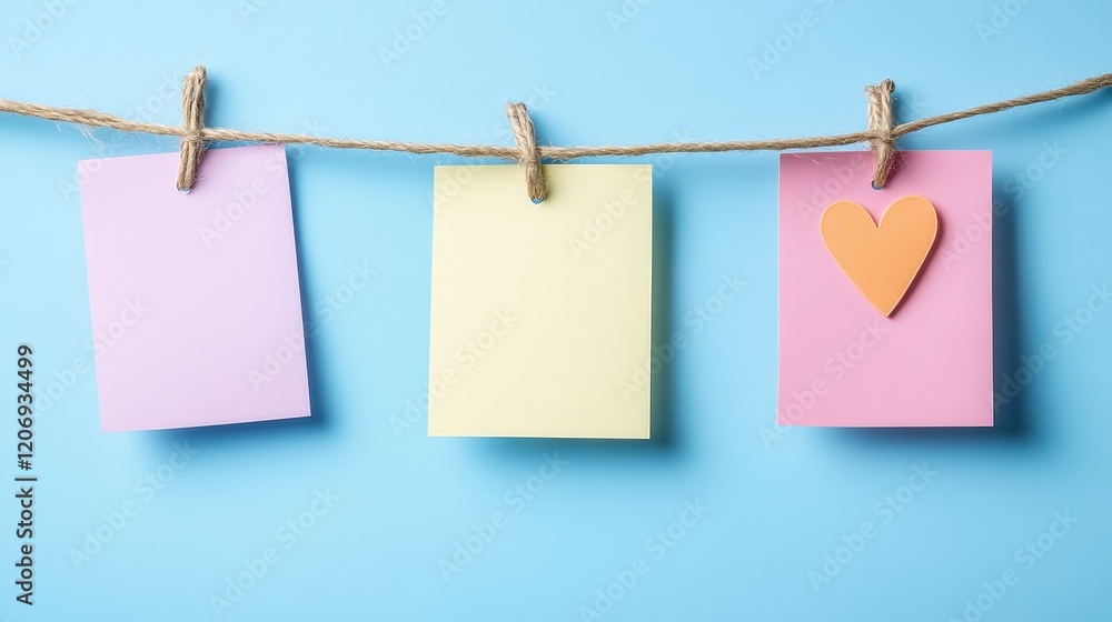 Colorful Blank Notes Hanging on a String with a Heart Shape in a Minimalist Background Perfect for Creative Ideas, Reminders, and Organization Colorful Blank Notes Hanging on a String with a Heart Shape in a Minimalist Background Perfect for Creative Ideas, Reminders, and Organization