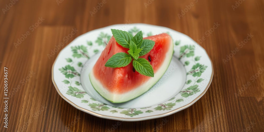 A decorative plate featuring a slice of watermelon and a sprig of fresh mint arranged in a pattern, mint leaves, watermelon arrangement A decorative plate featuring a slice of watermelon and a sprig of fresh mint arranged in a pattern, mint leaves, watermelon arrangement