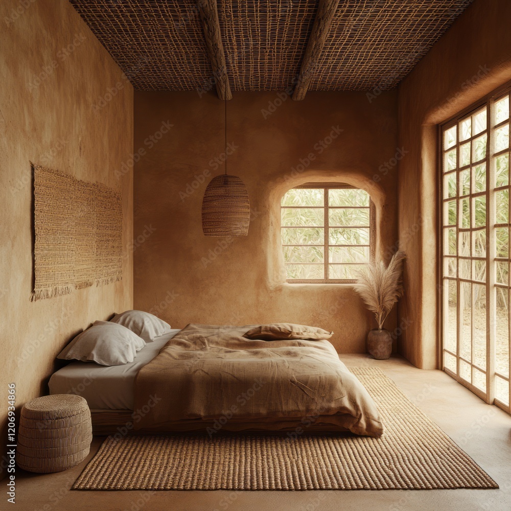 Fototapeta premium Earthy toned bedroom with woven decor and natural light