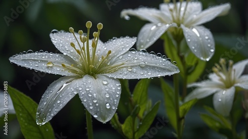 White Batflower in the Morning: Soft Petals with Dew Drops Reflecting the Light photo