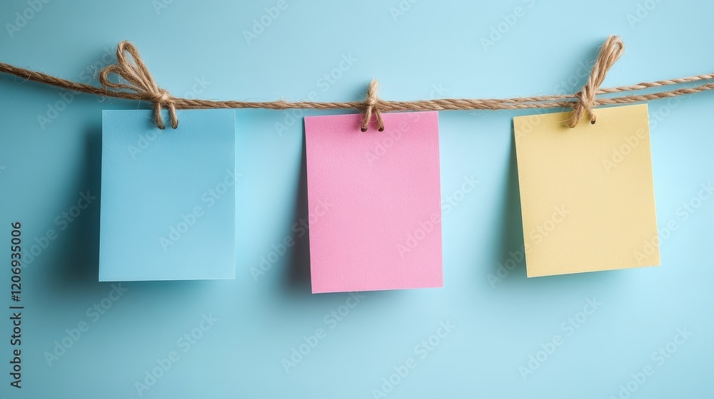 Colorful Blank Notes Hanging on a Twine String Against a Soft Blue Background for Creative Organization and Planning Colorful Blank Notes Hanging on a Twine String Against a Soft Blue Background for Creative Organization and Planning
