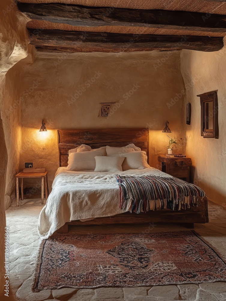 Fototapeta premium Rustic Cave Bedroom With Wooden Bed And Earthy Tones