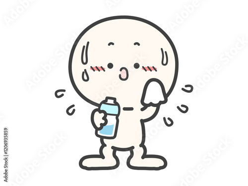 汗をかいている暑そうな人物と水のペットボトルのベクターイラスト03