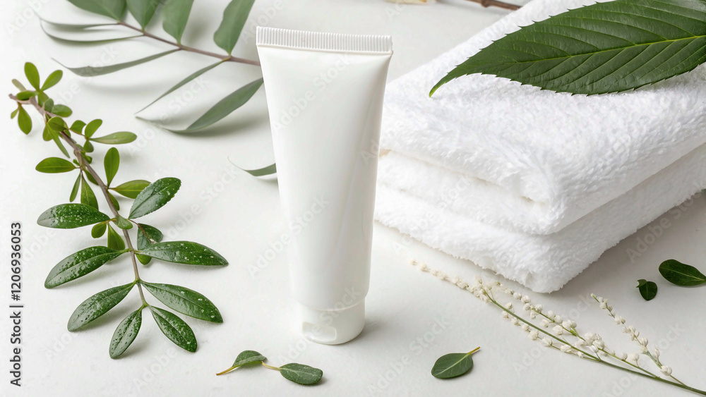 minimalist arrangement of a white tube and a jar of cream with green leaves, highlighting natural skincare. minimalist arrangement of a white tube and a jar of cream with green leaves, highlighting natural skincare.