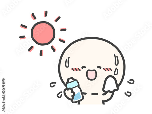 汗をかいている暑そうな人物と水のペットボトルのベクターイラスト04
