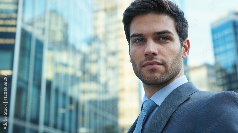 Professional man in blue suit against modern glass building. Perfect for urban business and corporate leadership themes. Professional man in blue suit against modern glass building. Perfect for urban business and corporate leadership themes.
