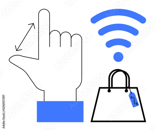 Hand gesturing swipe, wireless signal, and shopping bag indicating discount tag. Ideal for online shopping, technology integration, digital transactions, e-commerce, connectivity, user interaction