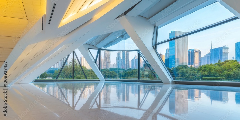 Fototapeta premium Modern glass building interior with large windows and city view