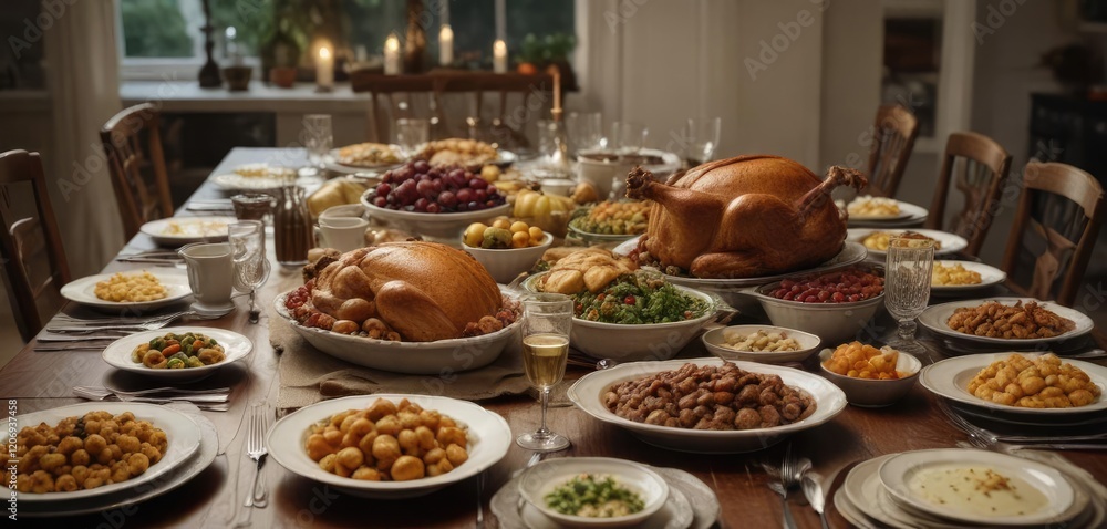Fototapeta premium A family's Thanksgiving dinner spread on a long dining table with an assortment of dishes , rustic, table, dinner