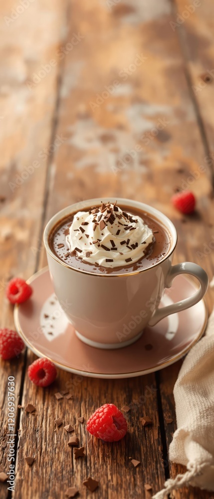 A fancy hot chocolate topped with a dollop of whipped cream, chocolate shavings, and raspberries on a rustic wooden table, hot, drink, winter, tasty, comforting A fancy hot chocolate topped with a dollop of whipped cream, chocolate shavings, and raspberries on a rustic wooden table, hot, drink, winter, tasty, comforting
