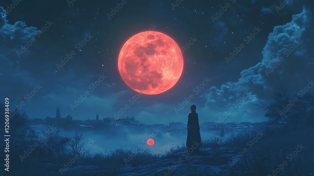 Naklejka premium Vibrant red moon glow behind pine trees in a tranquil night scene wallpaper image