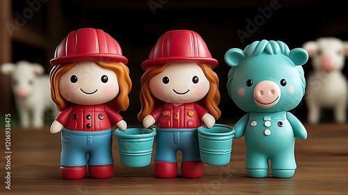 Two adorable girls in red hats and a cute blue pig friend