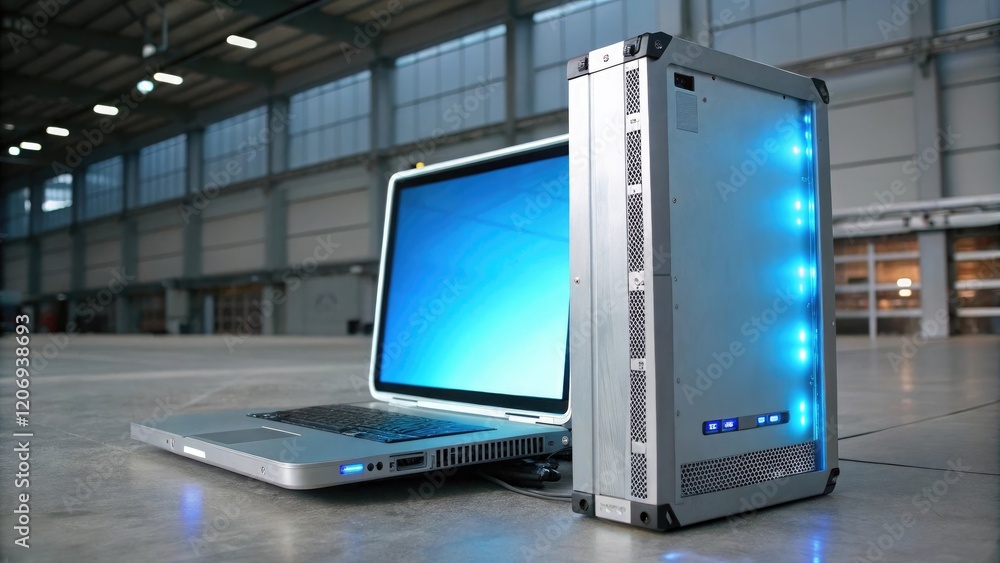 A futuristic modern computer with a glowing blue screen and sleek metal casing, electronics, computer software A futuristic modern computer with a glowing blue screen and sleek metal casing, electronics, computer software