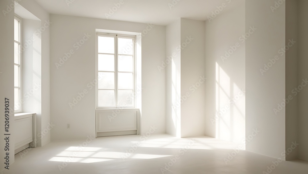 Fototapeta premium Minimalist white empty studio corner with sunlight and shadows from window