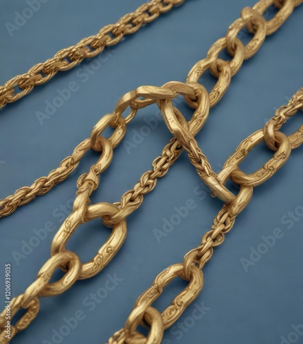 A gilded golden chain pattern in a soft blue shade on cotton fabric, serene ambiance, peaceful look, home decor inspiration