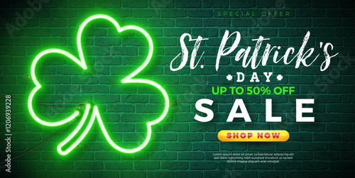 Saint Patrick's Day Sale Banner Illustration with Glowing Clover Leaves Shape Neon Lights on Brick Wall Background. Irish Traditional St. Patricks Day Lucky Celebration Vector Design for Coupon
