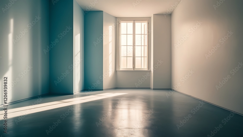 Fototapeta premium Minimalist blue empty studio corner with sunlight and shadows from window 