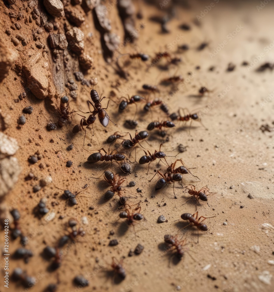 A group of ants crawling on a crumb dropped on the dirt floor, anthill, crumbs on ground, tiny creatures on floor A group of ants crawling on a crumb dropped on the dirt floor, anthill, crumbs on ground, tiny creatures on floor