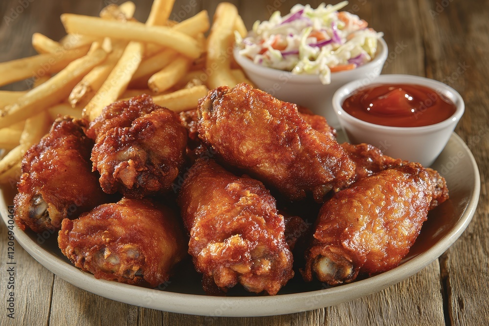 Crispy fried chicken wings served with french fries and coleslaw. (1) Crispy fried chicken wings served with french fries and coleslaw. (1)