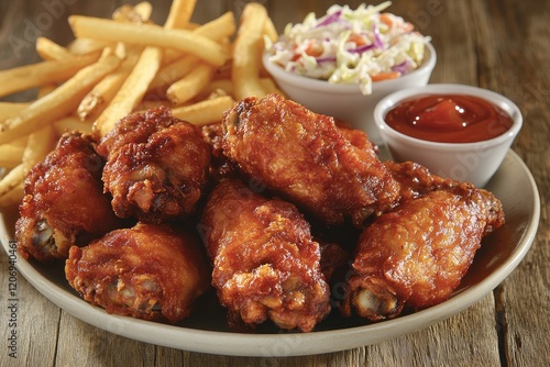 Crispy fried chicken wings served with french fries and coleslaw. (1) photo