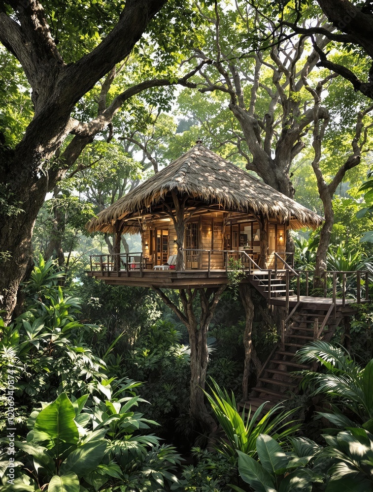 A handmade wooden structure suspended in the treetops of a dense jungle, adventure, jungle
