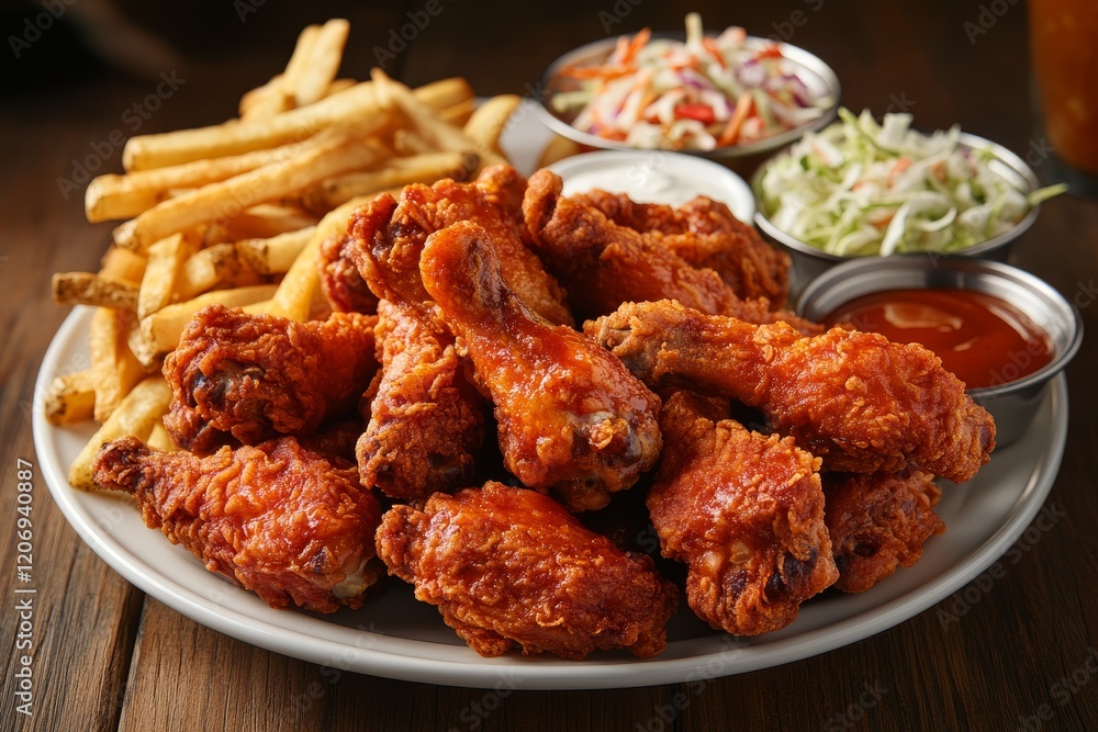 Crispy fried chicken wings, french fries, coleslaw, and dipping sauces on a plate. (1) Crispy fried chicken wings, french fries, coleslaw, and dipping sauces on a plate. (1)