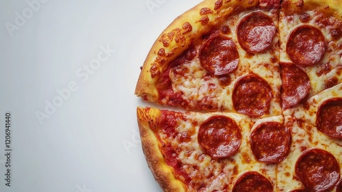 A mouth-watering pepperoni pizza with a golden crust, isolated on a white background, capturing the essence of tasty fast food.