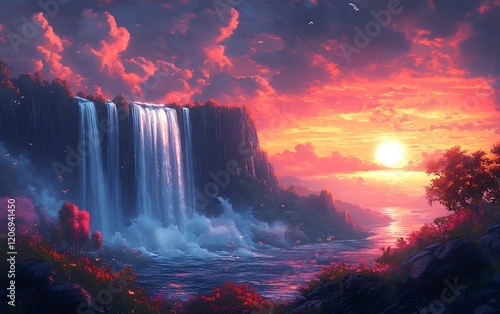 Fantasy Waterfall Sunset Digital Art