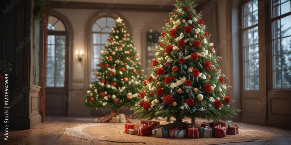 A large Christmas tree with a beautiful floral arrangement on top, , beautiful flowers, winter wonderland A large Christmas tree with a beautiful floral arrangement on top, , beautiful flowers, winter wonderland