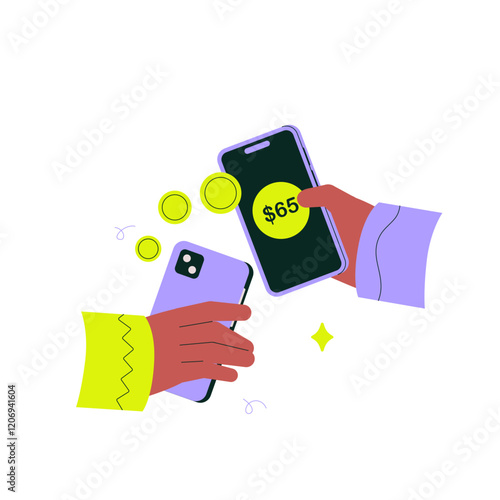 Money transfer between smartphones in flat vector illustration symbolizing digital wallet, online banking, and financial app, isolated on white background.