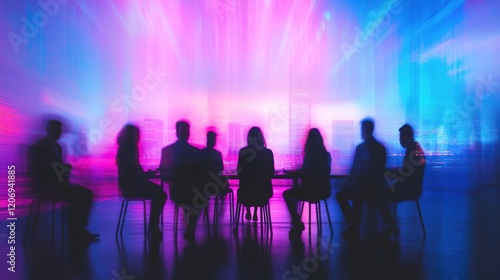 Dynamic Corporate Synergy: Abstract 3D Visualization of Business Elites in Round Table Discussion. Futuristic City Backdrop with Blue-Purple Light Streams Emphasizing Speed, Technology, and Collaborat