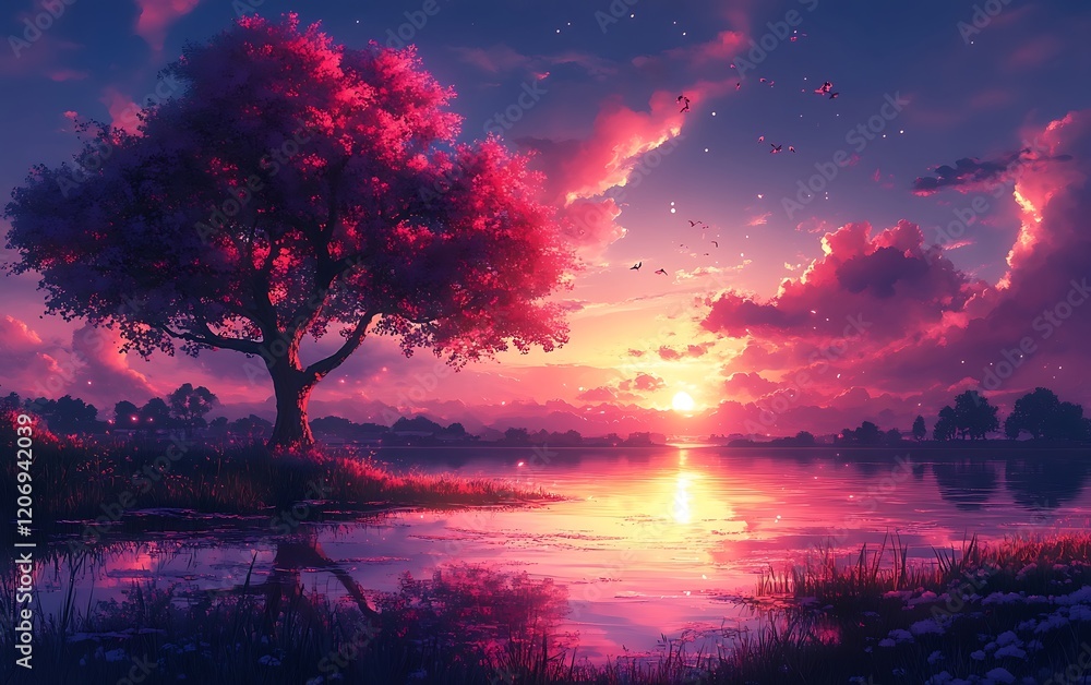 Serene Lake Sunset Landscape Illustration Serene Lake Sunset Landscape Illustration