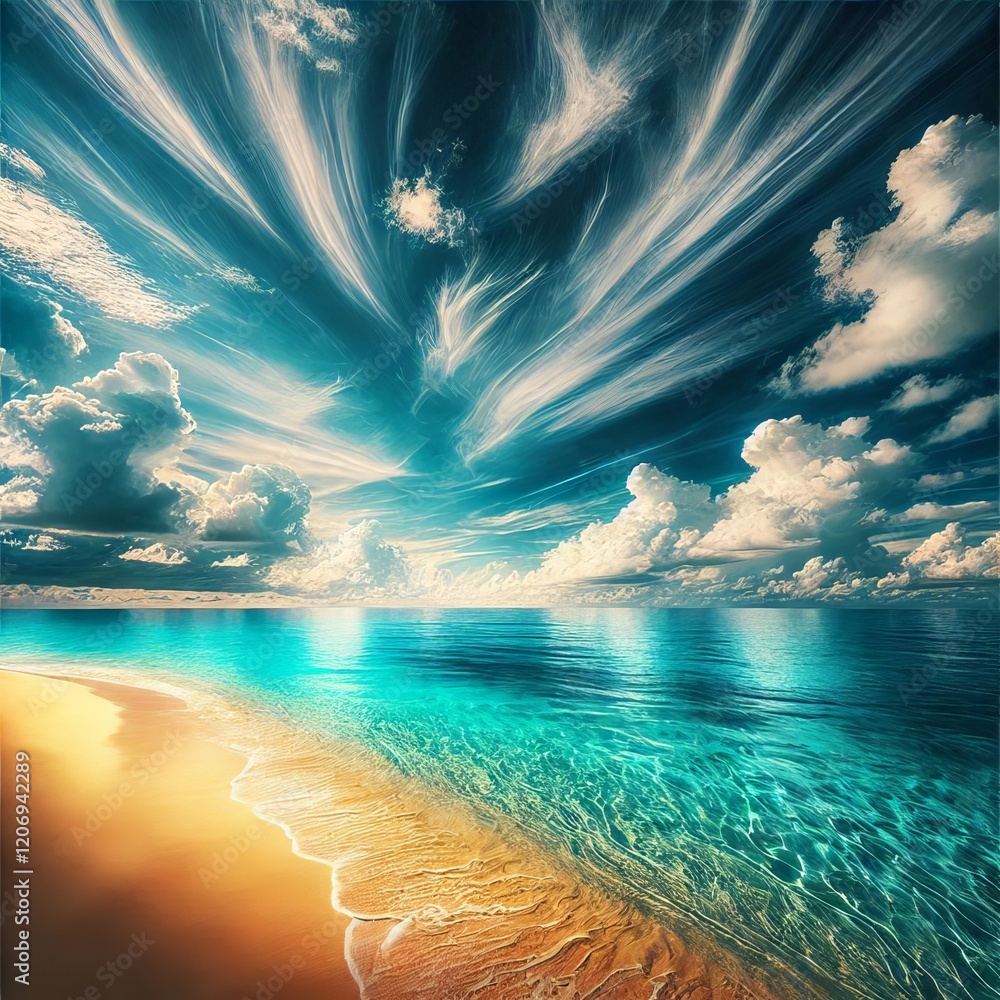 Stunning tropical beach scene with a crystal-clear turquoise ocean gently meeting the soft, golden sand Stunning tropical beach scene with a crystal-clear turquoise ocean gently meeting the soft, golden sand