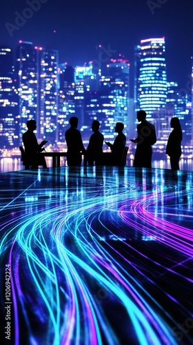 Dynamic Corporate Synergy: Abstract 3D Visualization of Business Elites in Round Table Discussion. Futuristic City Backdrop with Blue-Purple Light Streams Emphasizing Speed, Technology, and Collaborat