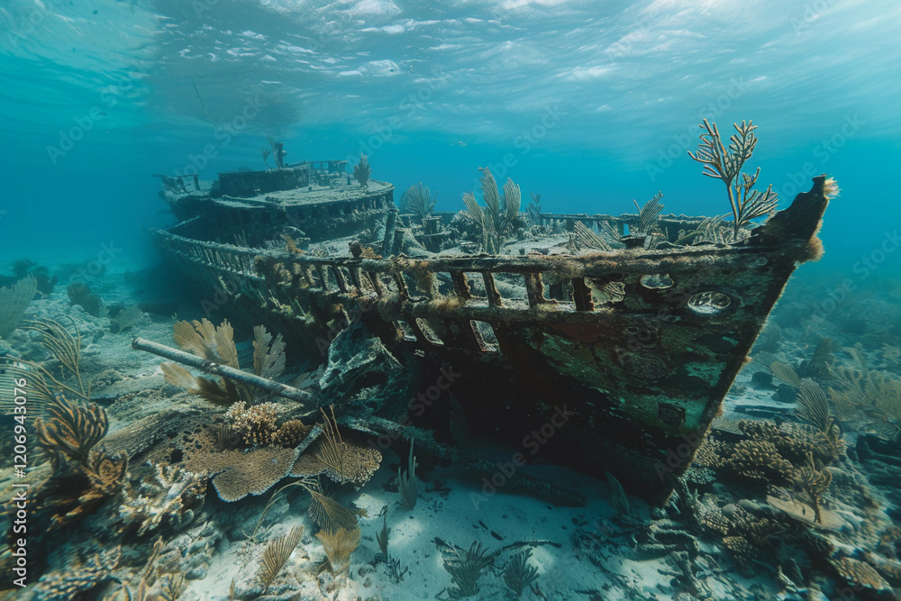 Underwater view of an old sunken ship on seabed with fish swimming around, abstract vivid composition consists of fictional unreal fantastic vision on background Underwater view of an old sunken ship on seabed with fish swimming around, abstract vivid composition consists of fictional unreal fantastic vision on background