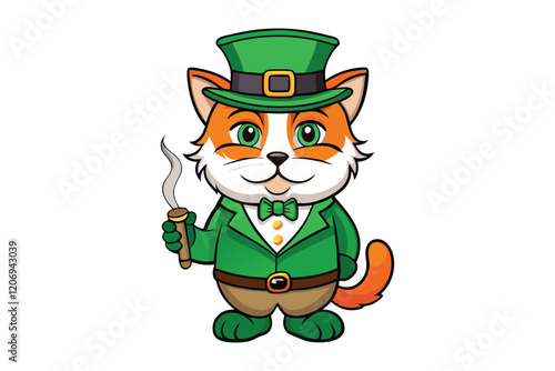 A cat wearing St. Partick's hat and holding a smoking pipe vector art illustration.eps